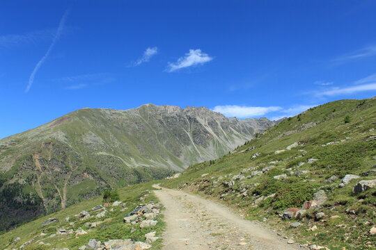 Empty alpine trail across green mountain slopes near Solda
