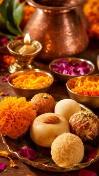 Traditional Indian sweets like laddoo and peda served on a brass plate