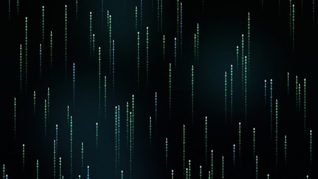 Digital matrix code background, falling green binary data streams on black, futuristic cyber security and technology concept