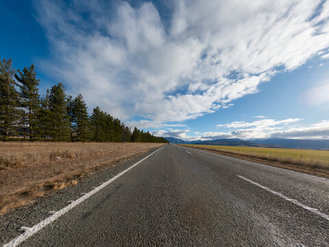Scenic Open Road Near Omarama in Mackenzie Basin, South Island, New Zealand