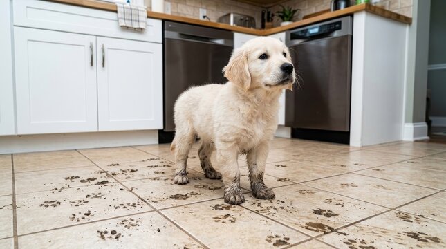 Adorable Golden Retriever Puppy with Muddy Paws Messing Up Kitchen Floor