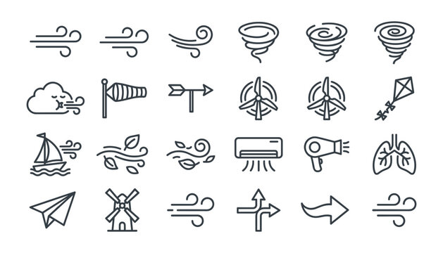 Wind and Air Flow Outline Vector Icon Set with Tornado, Windmill, Weather Symbols, and Ventilation Elements for Climate and Energy Graphic Designs