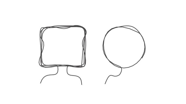 Two sketch figures with square and circle heads. Difference, diversity, individuality and personality types. Concept of mindset, opinion, tolerance, society and inclusion. Thin line drawing.