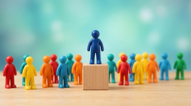 Illustration of a leader standing on a podium above a team to represent business success and leadership teamwork.
