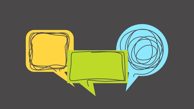 Three hand-drawn speech bubbles with scribble lines inside. Communication, dialogue, conversation, chat, message, discussion, opinion exchange, feedback, social interaction, talk and negotiation.