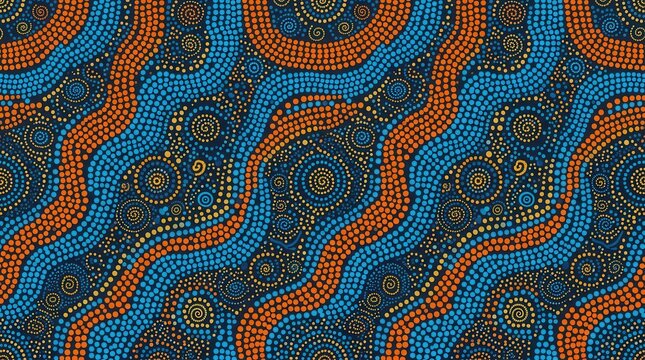 Seamless pattern featuring wavy lines of blue and orange dots on a dark background.