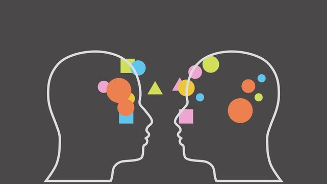 Two facing head silhouettes with geometric shapes flowing between them. Communication, dialogue, exchange of ideas, information sharing, understanding, empathy, cooperation, discussion, talk.