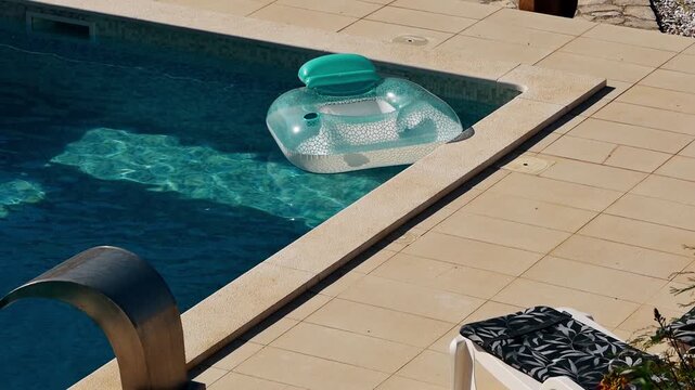 Inflatable pool floats in private villa pool during the summer. Sunlight reflects off surface of the water. Light plays on blue tiled bottom underwater. Gentle breeze. Slow motion