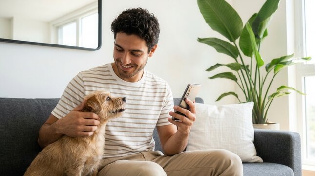 Man on couch with smartphone and dog relaxing with animal insurance subscription in house.