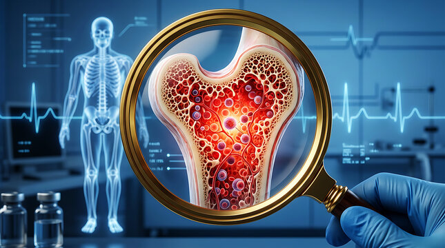 Magnifying glass focusing on bone marrow cells, medical research concept