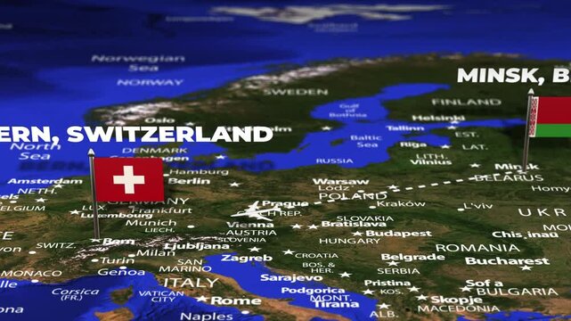 Flight From Minsk BELARUS to Bern SWITZERLAND with flag pins