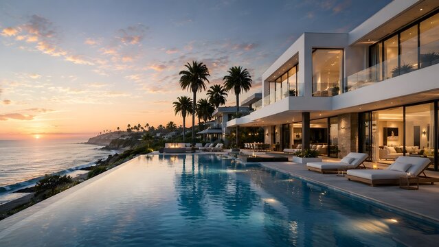Coastal luxury home with infinity pool overlooks the ocean at sunset