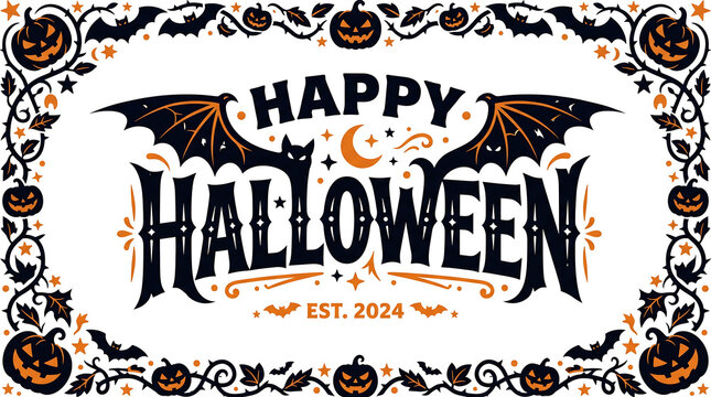 Happy halloween greeting card design with decorative border of pumpkins bats and stars on white background