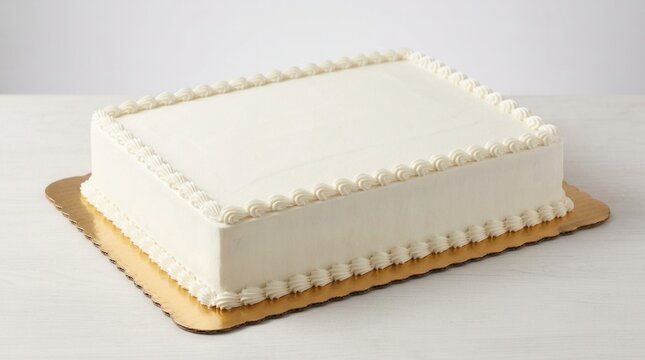 Blank white rectangular cake on a gold board with white frosting borders, ideal for custom text or images for celebrations.