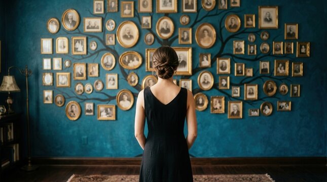 Woman looking at a family tree on the wall with ancestor photos for genealogy research.