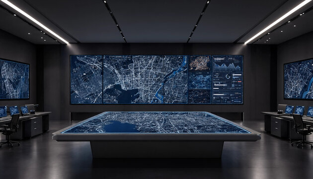High tech military and corporate command control room equipped with interactive illuminated map table and massive screen wall security technology monitoring surveillance analytics
