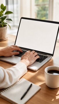 Close-up view of a person typing on a laptop with a blank white screen