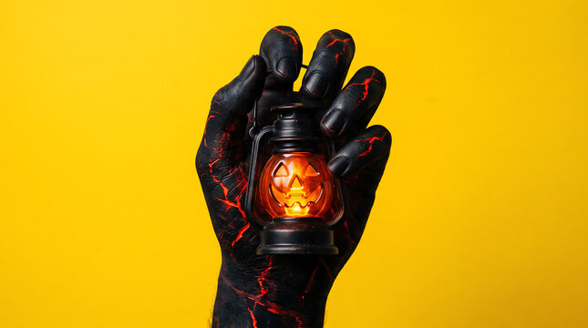 A hand painted with volcanic lava texture holding a small glowing vintage lantern against a bright yellow background
