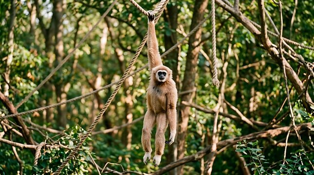 Lar gibbon hanging from a rope in a lush green jungle forest