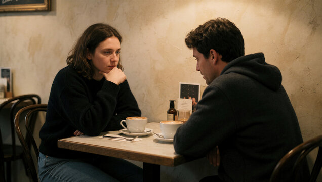 Young couple having serious conversation in cafe over coffee, discussing relationship concerns. Communication, conflict and mental health concept.