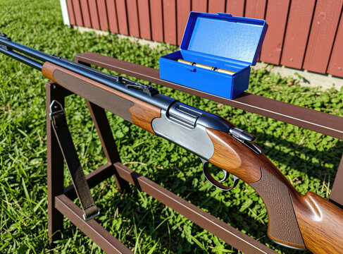 Double barrel hunting rifle with wooden stock rests on stand. Ammunition box with shells sits beside firearm outdoors. Ready for sport shooting or hunting trip.