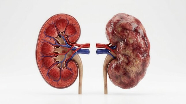 Realistic human kidney anatomy showing healthy internal structure and diseased organ comparison.