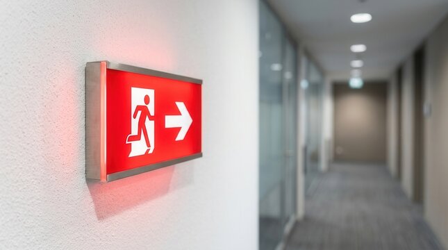 Illuminated red emergency exit sign mounted on office wall showing running man icon and right arrow.
