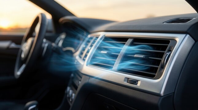 Cool blue air blowing from a car air conditioner vent on a modern auto dashboard.