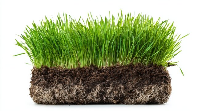 Fresh green grass sod with rich soil cross section, lawn turf texture on white background for landscaping design
