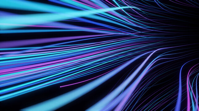 Comet-like fiber 3D strands trailing in cyan and violet