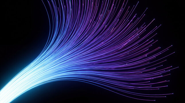 Luminous 3D fiber strands spreading into blue and purple curves