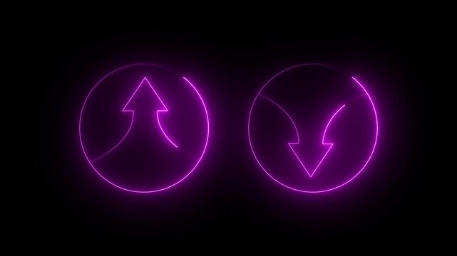 Purple Neon Up and Down Arrows in Circles on Black Background up arrow glowing