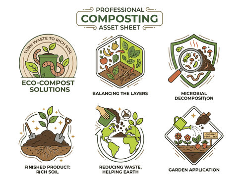 Professional composting asset sheet with illustrated icons for sustainable waste management and organic gardening.