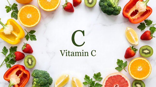Vitamin C Food Sources Frame on White Background with Text, Citrus Fruits