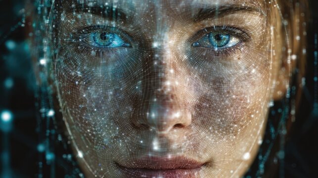 Futuristic cyber woman face, blue glowing digital particles and data overlay, sci-fi technology portrait background