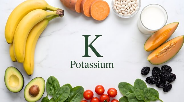 Potassium Food Sources on White Background with Text, K Mineral Nutrition