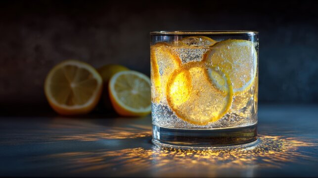 Whiskey cocktail with ice and citrus slices in rocks glass, dark moody bar drink photography, golden amber refreshment