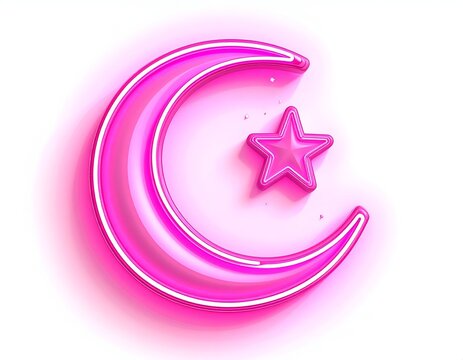 Vibrant pink neon crescent moon religious light symbol
