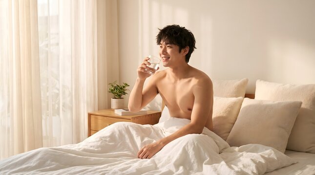 Shirtless Asian man sitting on bed drinking glass of fresh water in warm morning sunlight, morning hydration and healthy daily routine stock photo.