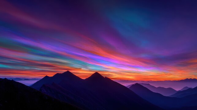 Vibrant sunset mountain silhouette landscape, colorful twilight sky with dramatic clouds, serene nature background photo