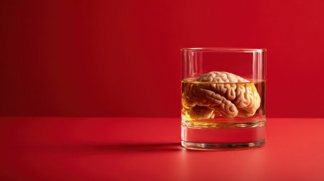Minimalist whiskey glass with roasted meat on red background, luxury food and drink concept, moody studio still life