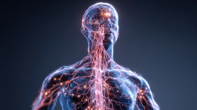 Futuristic human anatomy body, glowing nervous system and brain. Medical science concept, neon blue and red 3D render