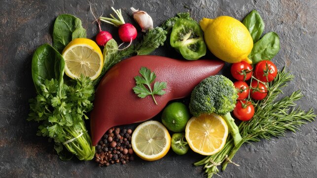 Fresh vegetables and herbs on rustic table, healthy cooking ingredients, colorful organic produce flat lay background