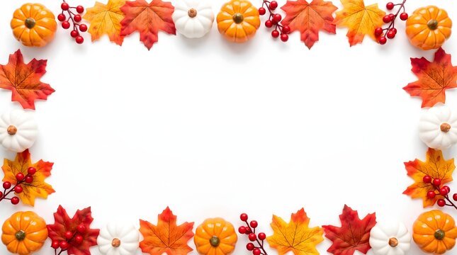 Autumn Frame with Pumpkins and Maple Leaves on White Background, Copy Space