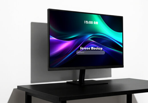 Black Computer Monitor Display Mockup on Desk Against White Wall