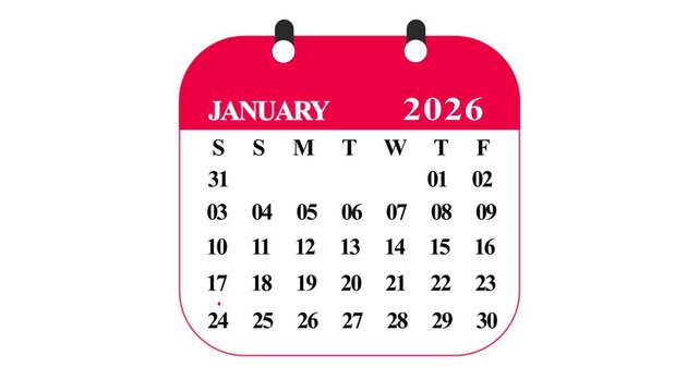 January 2026 calendar with red header and dates