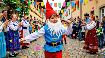 Fototapeta premium Young boy in gnome costume dances joyfully in street festival parade. Confetti flies as he entertains crowd dressed in traditional folk clothing. Happy kid moves energetically.