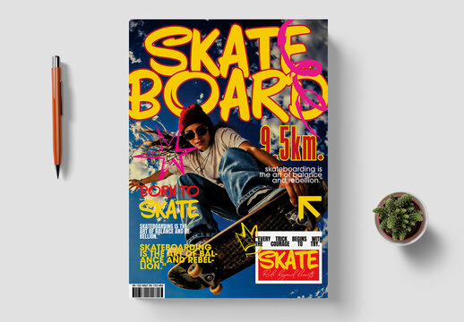 Urban Skateboard Magazine Cover Template With Retro Editorial Layout