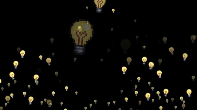 pixel art light bulb, 8-bit lightbulb, 16-bit lamp, retro idea icon, glowing light bulb, electricity, energy, solution, innovation, creativity, bright idea, inspiration, brainstorm, power, glass bulb,