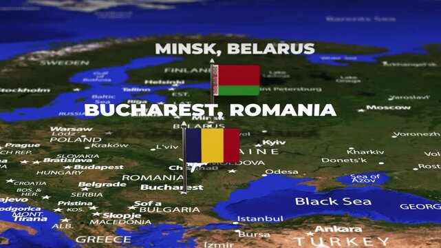 Flight From Minsk BELARUS to Bucharest ROMANIA with flag pins